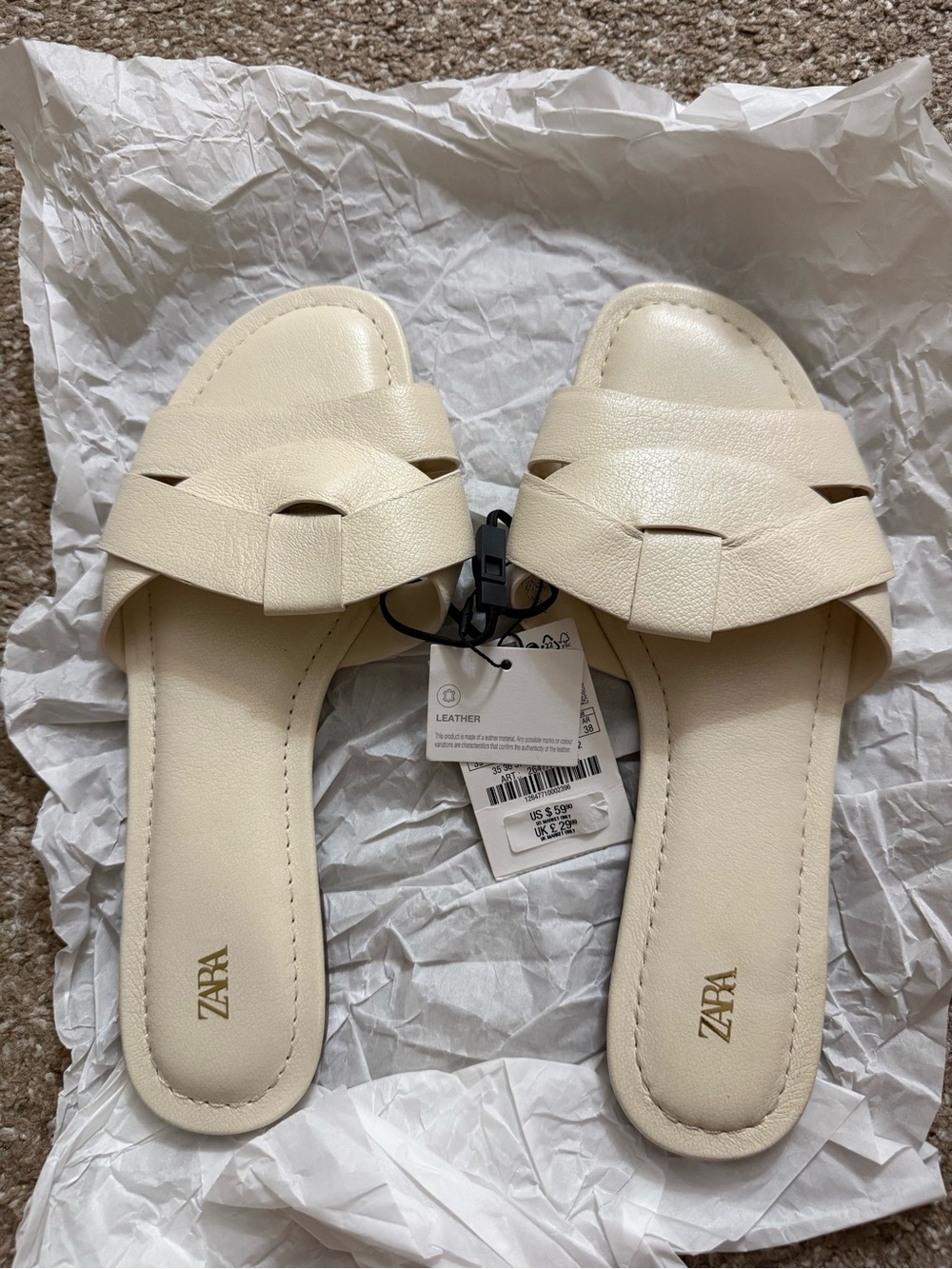 ZARA Cream Leather Slide Sandals - Picture 1 of 5